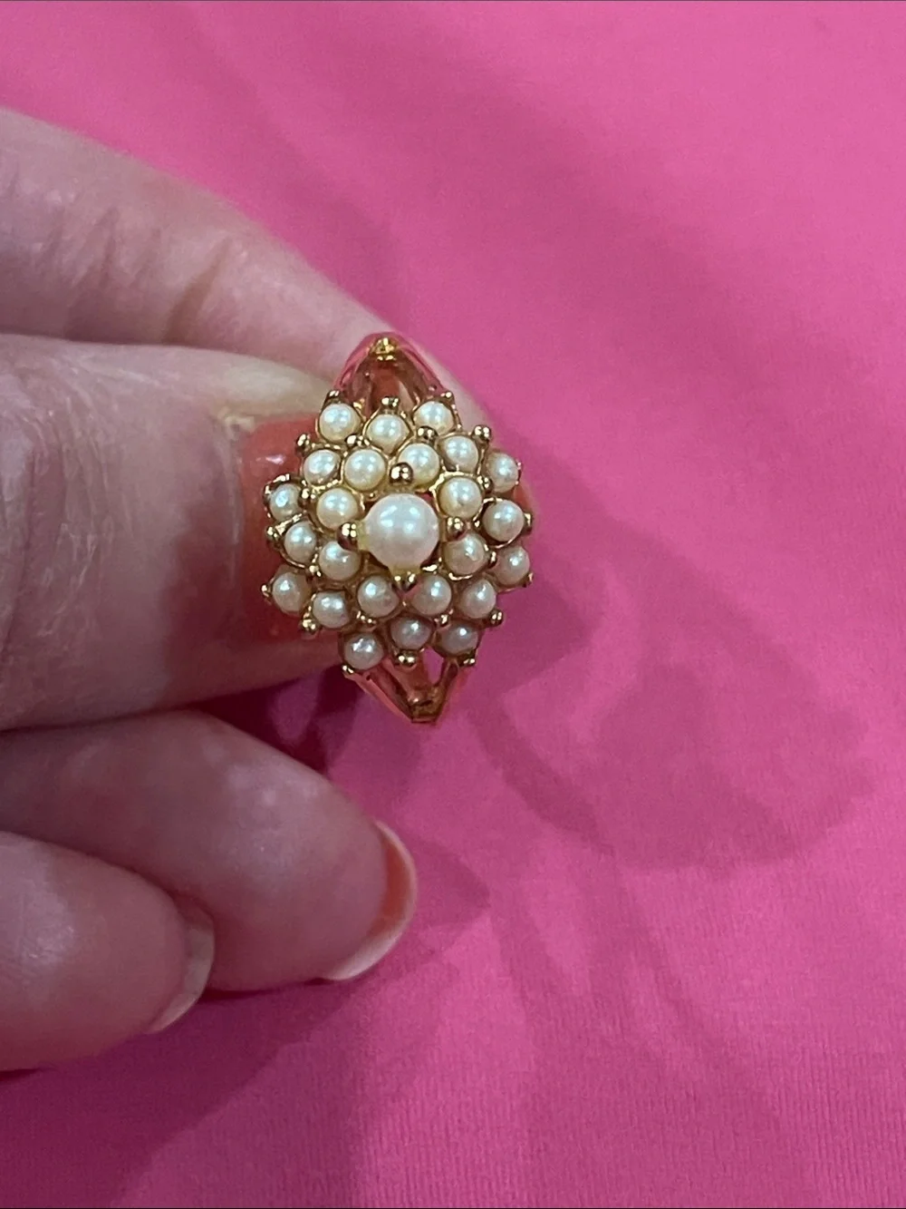 Pearl 18K Gold Filled Stamped Cluster Vintage Cocktail Ring with Creamy Pearls